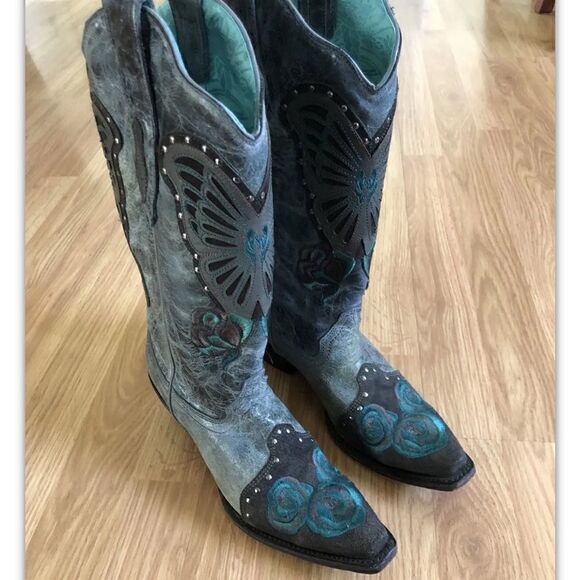 CORRAL VINTAGE LD Blue Jean Leather Butterfly & Roses C1150 - Picture 9 of 13